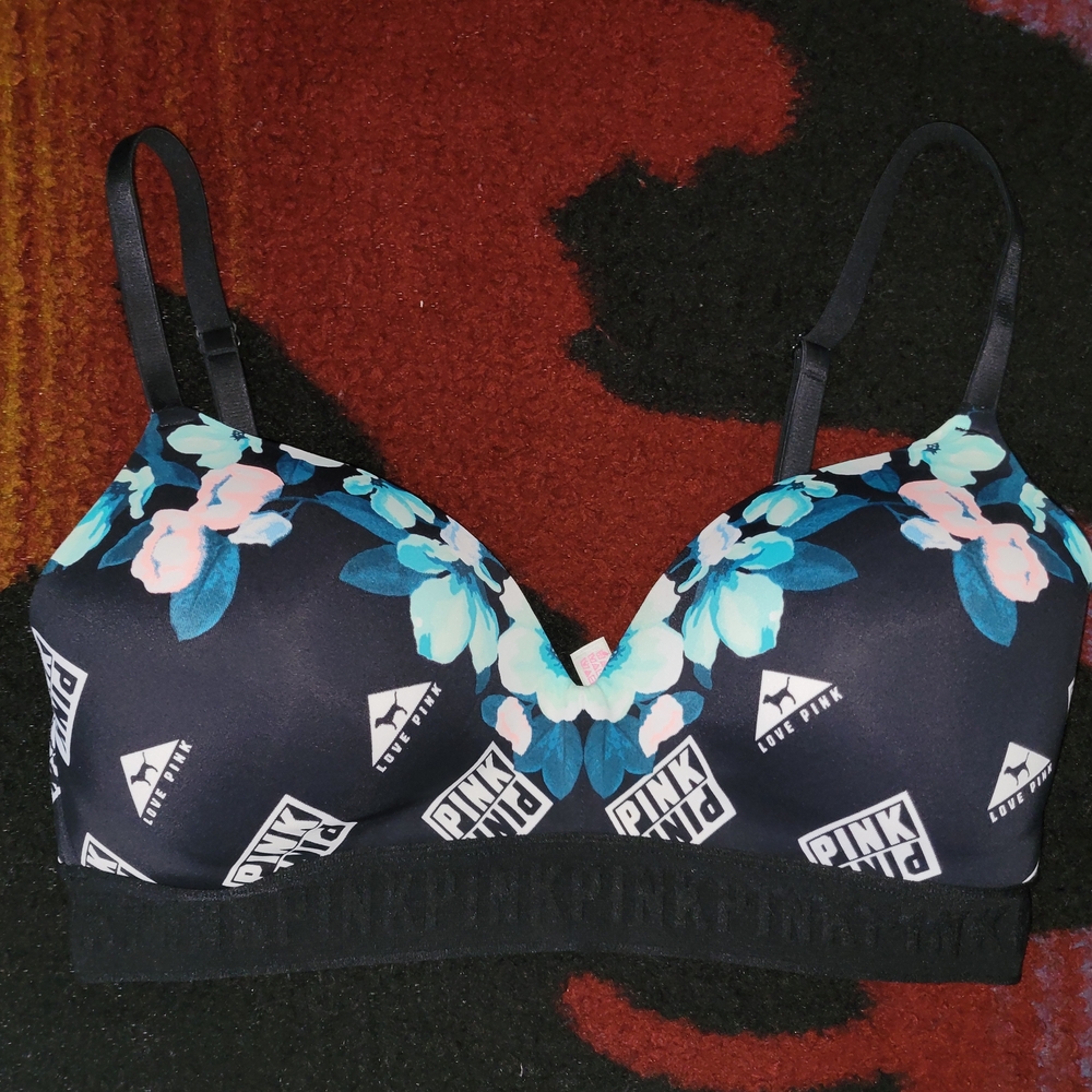 PINK Victoria's Secret 'WEAR EVERYWHERE WIRELESS' Black Floral Bra, 34D